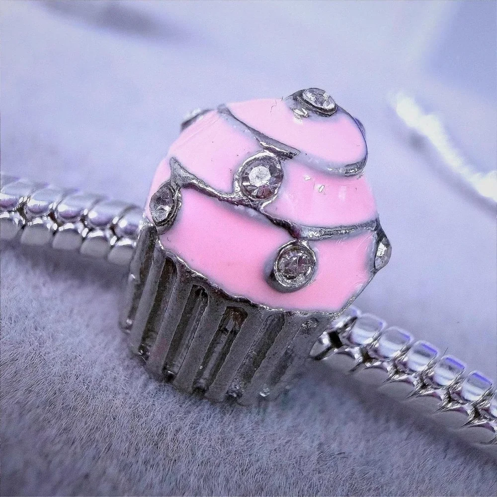 Pink Enamel Cupcake Silver European Charm fits PANDORA
